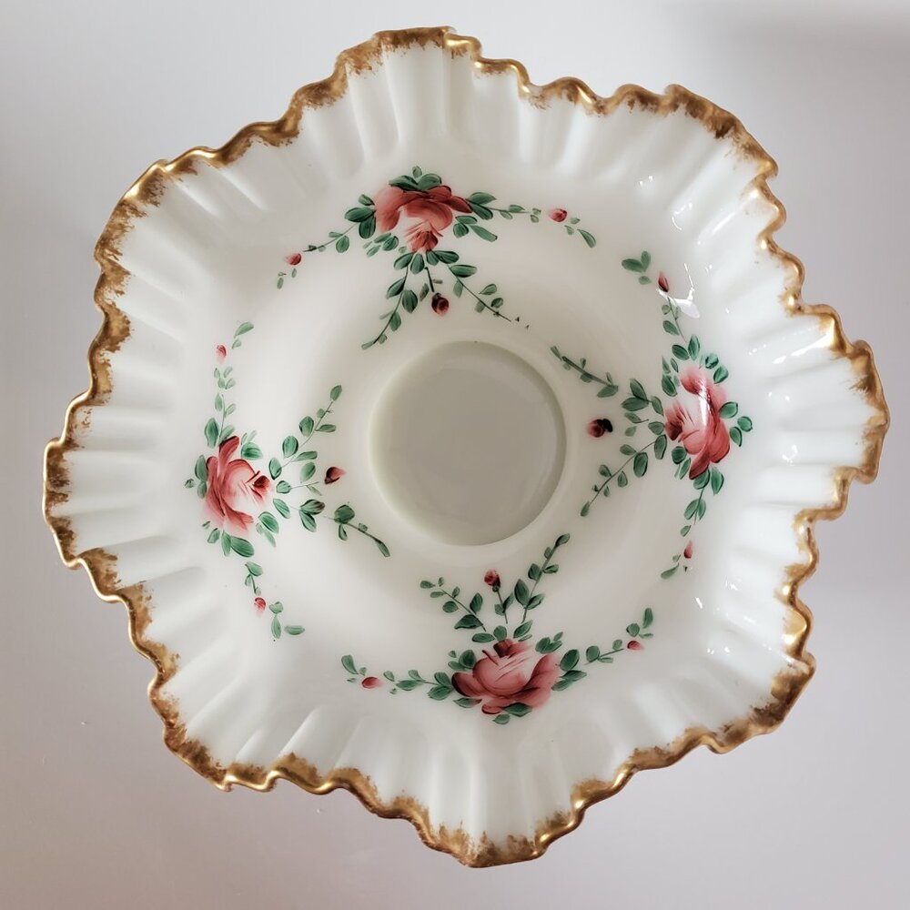 Westford Rose Flower Hand Painted Ruffled Edge Milkglass Bowl